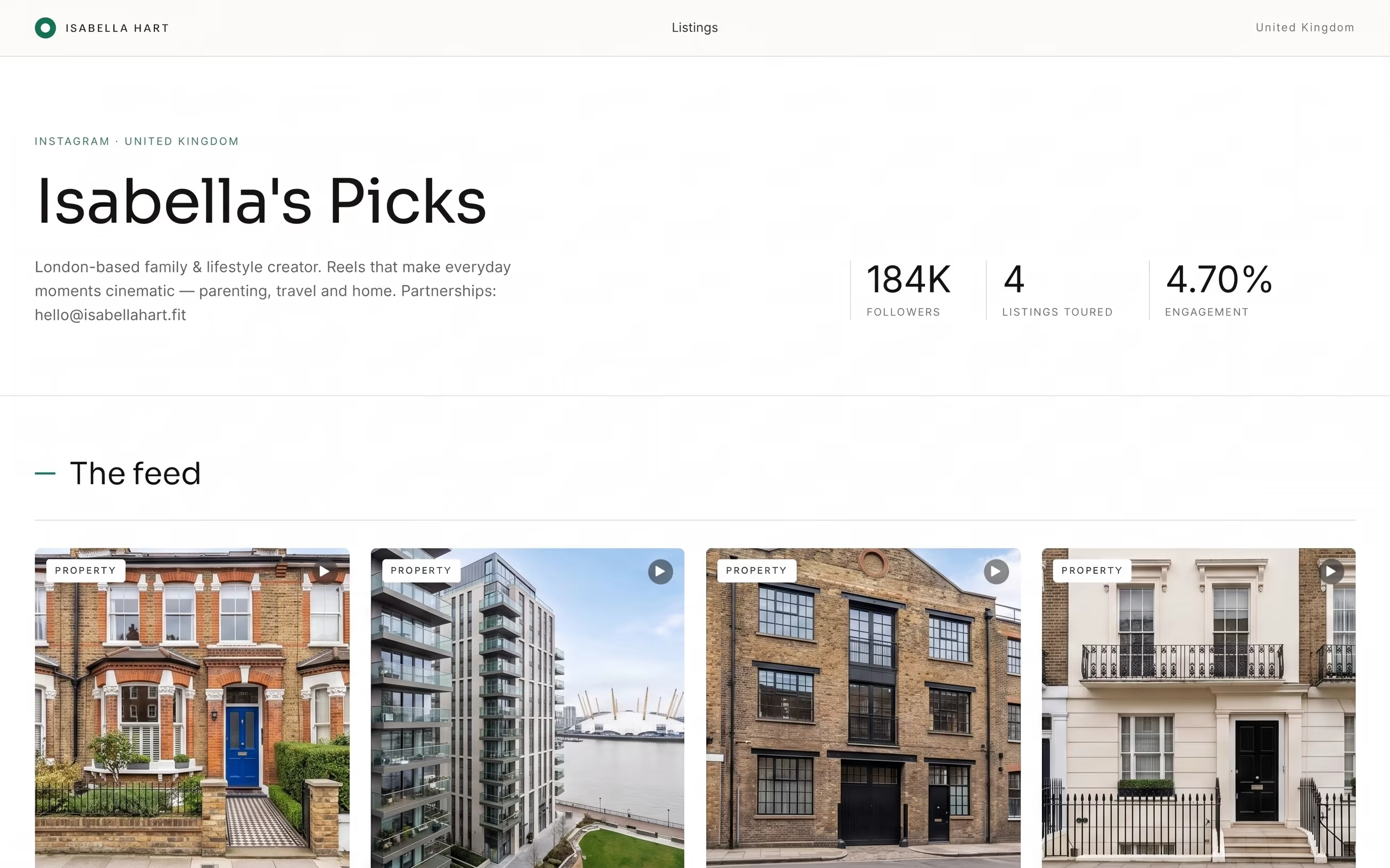 A Pro Real Estate skin — a creator's public profile as an editorial storefront with a feed of property recommendations