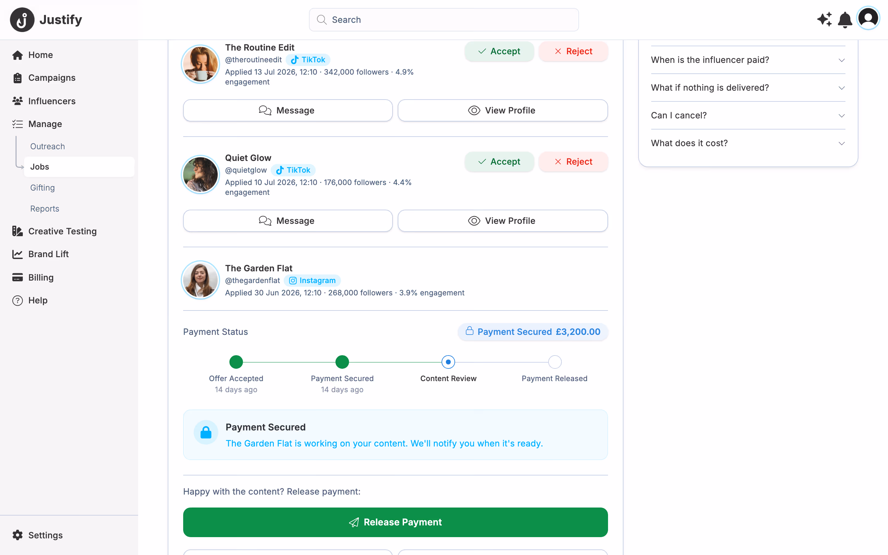 Justify — creator payments settled